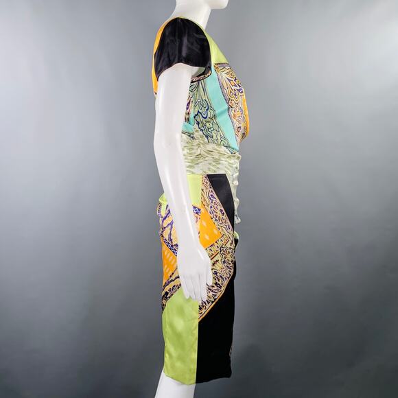 ETRO Size 6 Multi Color Silk Blend Mixed Patterns Cap Sleeves Dress - Picture 3 of 7